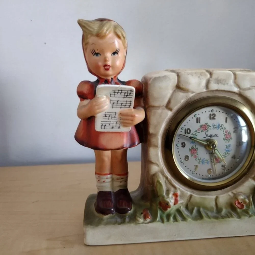 Vintage Sheffield Hummel Style Clock Wind Up Alarm Clock Boy and Girl Folk Art